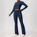 Professionele marineblauwe tweedelige yogaset met ritsjack en uitlopende broek met hoge taille design - Marineblauw