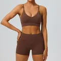 Seamless two-piece brown yoga set including sports bra and high-waist fitness running shorts - S / Top And Bottom / Lava Brown