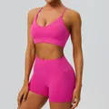 Vibrant pink double-sided brushed yoga set featuring sports bra and tight shorts - S / Top And Bottom / Rose Red
