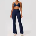 Professionele marineblauwe yoga set met sportbeha en een uitlopende sport legging - Marineblauw