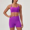 Two-piece purple yoga set featuring a strappy sports bra and high-waist fitness shorts - S / Top And Bottom / Electric Purple