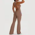 Sophisticated brown backless yoga jumpsuit featuring a side pocket and stylish flared legs - S / Tops / Chestnut Brown