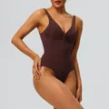 Seamless chocolate brown firm control shapewear bodysuit with front zipper closure for women - S / Top And Bottom / Brown