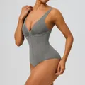 Grey seamless shapewear bodysuit with zipper front and compression for tummy control - S / Top And Bottom / Gray