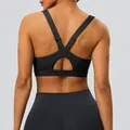Back view of a black high-impact adjustable Y-back sports bra for gym fitness training. - S / Tops / Black