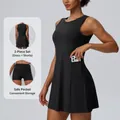 Women's black tennis dress set with inner shorts and functional side pocket for phone - S / Top And Bottom / Black