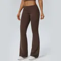 Brown high-waisted fold-over waistband flare yoga pants for fitness and running - SKU view - S / Bottoms / Chestnut Brown