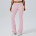 Pink high-waisted yoga flare pants with fold-over waistband for fitness and casual wear - S / Bottoms / Cornus Pink
