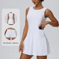 White athletic tennis dress set with built-in shorts and functional side pocket. - S / Top And Bottom / White