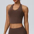 Professional halter-neck yoga sports bra in chocolate brown with high-elastic fabric - S / Tops / Chestnut Brown