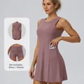 Mauve athletic tennis dress set for women with built-in shorts and pocket for phone - S / Top And Bottom / Dark Purple