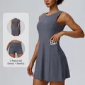 Women's athletic tennis dress set with matching shorts in stylish grey-blue finish - S / Top And Bottom / Grey Blue