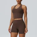 Naked feel brown yoga set with high waist butt lifting shorts and tight fitness tank top - S / Top And Bottom / Chestnut Brown