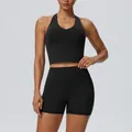 Black quick-dry yoga set featuring a tight tank top and lifting shorts for fitness - S / Top And Bottom / Black