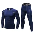 Men's navy blue compression workout suit with long sleeve top and leggings set - S / Top And Bottom / Navy Blue