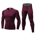 Professional men's burgundy compression sports set with long sleeve top and athletic leggings - Burgundy
