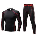 Men's athletic black compression set with red contrast stitching and PRO YELI waistband - Black/Red Stitch