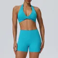 Professional cyan women's sexy halter sports bra and high waist tummy control fitness shorts set - S / Top And Bottom / Cyan Blue