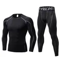 Men's black compression sports suit with grey stitching, long sleeve top and pants - Black/Grey Stitch