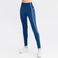 Winter women's high-waist yoga leggings in dark blue with white contrast side piping - S / Bottoms / Aquamarine