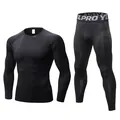 Men's black compression suit with long-sleeve top and leggings for fitness - Black/Black Stitch