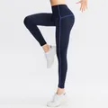 High-waist navy blue yoga leggings with blue stitching for autumn and winter sports. - Navy Blue