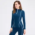Marineblauwe dames yoga top met lange mouwen, fleecevoering en halve ritssluiting - Aquamarijn