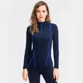 Marineblauw thermisch yoga-top voor dames met lange mouwen en halve rits. - Marineblauw