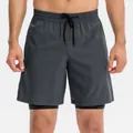 Dark grey men's 2-in-1 fitness shorts with black compression layer and adjustable drawstring. - S / Bottoms / Gray