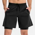 Men's black 2-in-1 fitness shorts with quick-dry inner liner and adjustable drawstring - S / Bottoms / Black