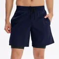 Men's 2-in-1 quick-dry running training shorts in navy blue with compression layer - S / Bottoms / Navy Blue