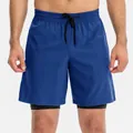 Men's 2-in-1 quick-dry athletic training shorts in royal blue with black compression liner - Dark Blue