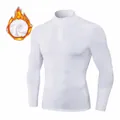 Men's white fleece lined thermal compression shirt with half-zip mock neck for sports - S / Tops / White