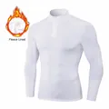 Men's white fleece lined thermal compression shirt with half-zip mock neck for sports - S / Tops / White