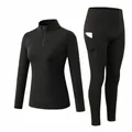 Women's black fleece-lined 2-piece workout set with half-zip top and pocket leggings - S / Top And Bottom / Black