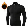 Men's thermal black fleece-lined compression fitness shirt with 1/4 zip mock neck - S / Tops / Black
