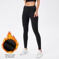 Zwarte fleecegevoerde yoga-legging voor dames met hoge taille en zijzakje - S / Bottoms / Zwart