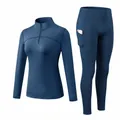 Women's fleece-lined navy blue sports set featuring a quarter-zip top and leggings - S / Top And Bottom / Navy Blue