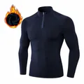Dark blue men's sports compression long sleeve shirt with warm winter fleece lining - S / Tops / Navy Blue