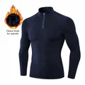 Dark blue men's sports compression long sleeve shirt with warm winter fleece lining - S / Tops / Navy Blue