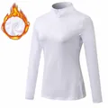 White women's fleece-lined thermal sports top with quarter-zip mock neck slim fit - S / Tops / White