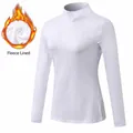 White women's fleece-lined thermal sports top with quarter-zip mock neck slim fit - S / Tops / White