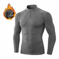 Grey men's high-elasticity long sleeve fitness top with warm fleece lining and quarter zip - S / Tops / Heather Grey