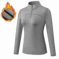 Women's grey fleece-lined slim fit sports long sleeve top with half-zip mock neck - S / Tops / Gray