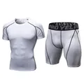 Men's professional white compression fitness suit including short sleeve shirt and shorts set - S / Top And Bottom / White