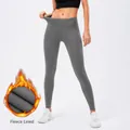 Thermische grijze fleece gevoerde yoga legging met hoge taille en zijzakken voor dames - S / Bottoms / Lichtgrijs