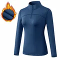 Women's blue fleece-lined sports long sleeve top with a half-zip stand collar for warmth - S / Tops / Navy Blue