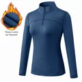 Women's blue fleece-lined sports long sleeve top with a half-zip stand collar for warmth - S / Tops / Navy Blue