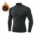 Heren zwarte fleece gevoerde compressie sportshirt met halve rits voor fitness en hardlopen - donkergrijs