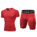 Men's red quick-dry compression fitness set including short sleeve top and athletic shorts - S / Top And Bottom / Red